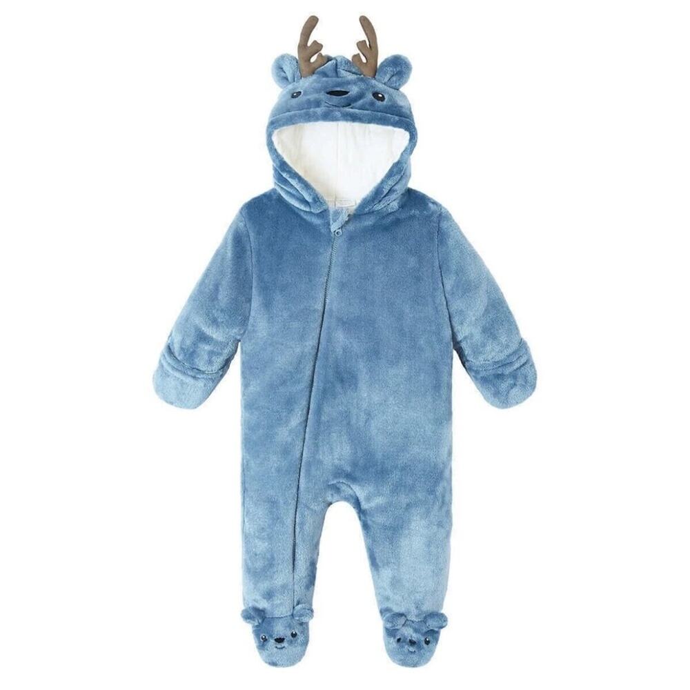 Koala Baby Plush Reindeer Bunting Hooded Footie Antlers Zip Costume blue